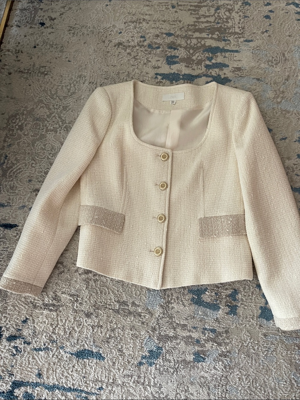 Zara Cream Tweed Cropped Button Jacket